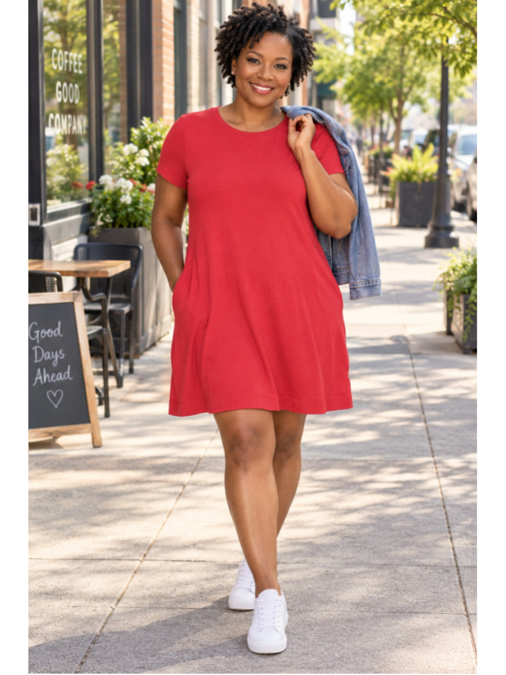 Ellen Tracy Pima Cotton T-Shirt Dress Womens Large Red Side Seam Pockets